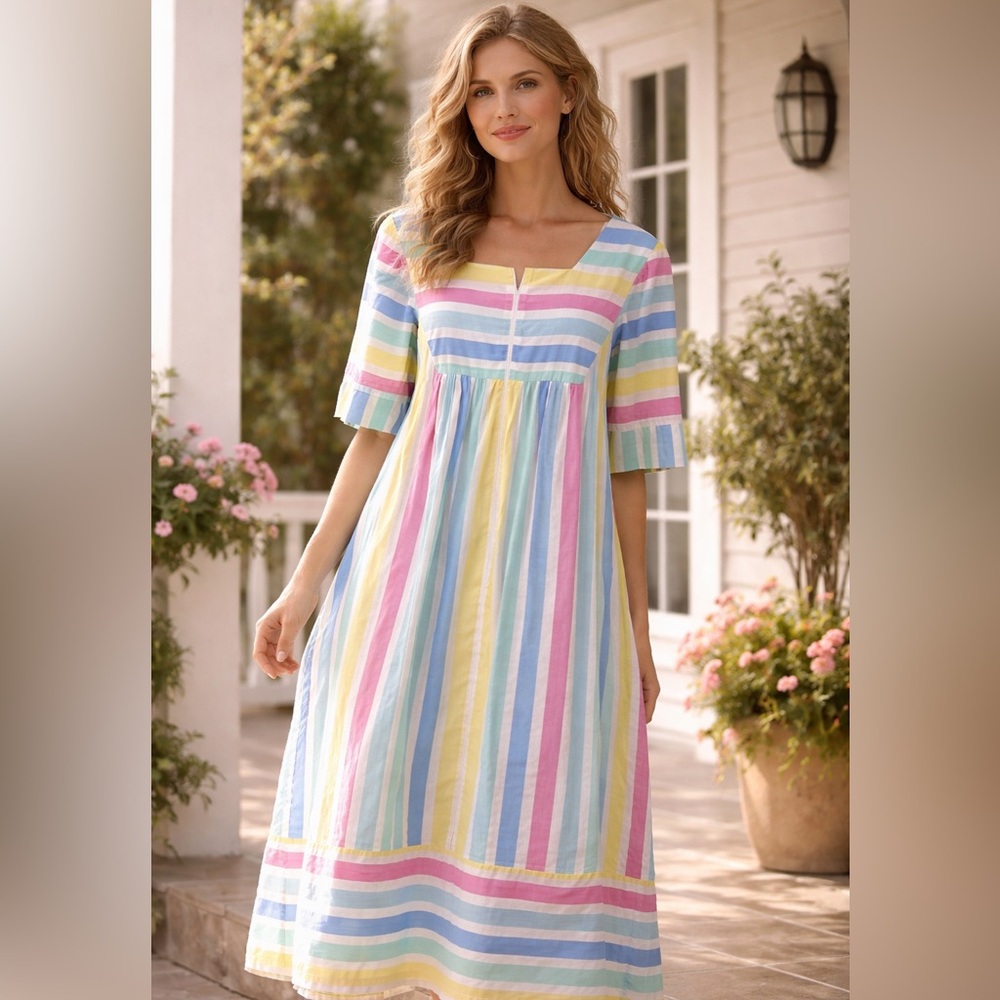 Vintage 80s Saybury Pastel Rainbow Stripe Kaftan Dress Cottagecore Prairie L